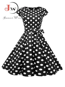 Женское винтажное платье в горошек, летнее черно-белое вечерние с цветочным принтом и коротким рукавом