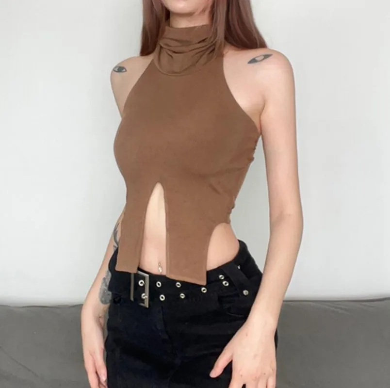 

Женская одежда, пряный однотонный пикантный топ с высоким воротником и открытыми плечами для девушек, трикотажный короткий топ с разрезом и вырезами