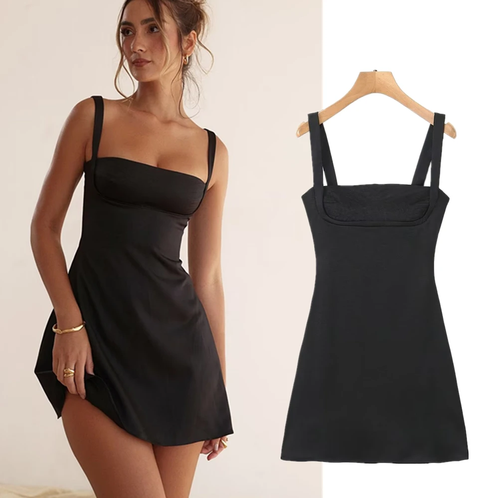 

Maxdutti French Elegant Satin Black Dress Women Camisole Dress Fashion Ladies Slim Sexy Mini