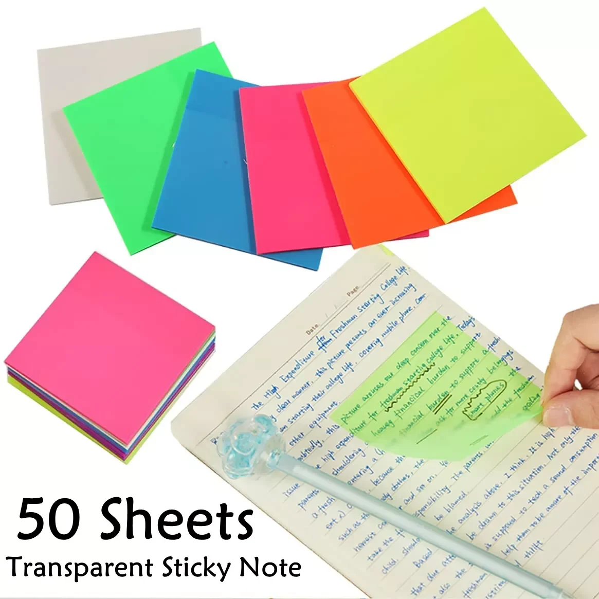 

50 листов прозрачных липких заметок, водонепроницаемый яркий прозрачный блокнот для записей, самоклеящийся блокнот для записей, напоминани...