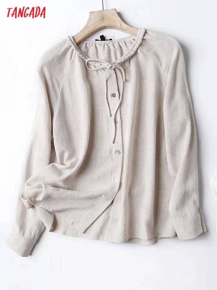 

Tangada Women Vintage Linen High Quality Shirt Long Sleeve 2021 Chic Female High Street Loose Shirt 4C210