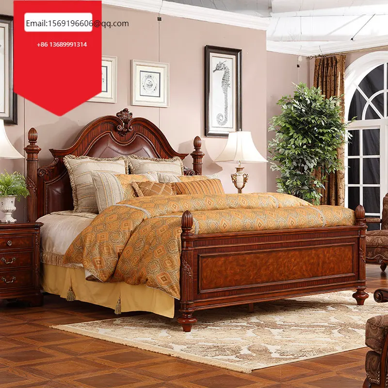 

Индивидуальная американская Классическая Кожаная большая кровать из цельной воловьей кожи с резьбой по дереву и мягкой спинкой 1,8 метра в европейском стиле