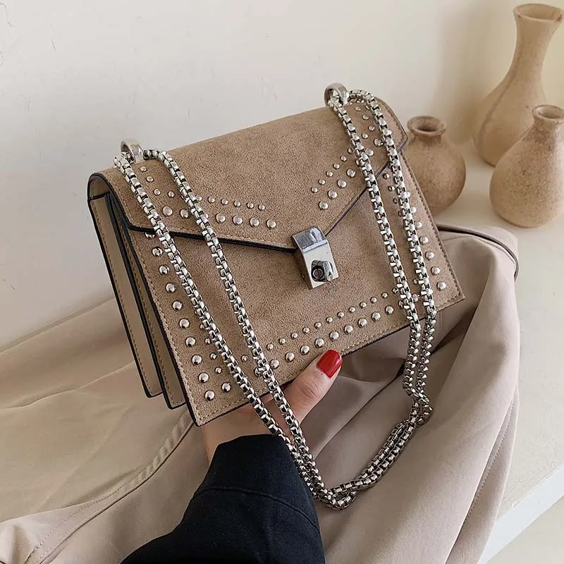 

Scrub Leather Brand Designer Shoulder Simple Bags For Women 2022 Chain Rivet Luxury Crossbody Bag Female Fashion Small Handbags