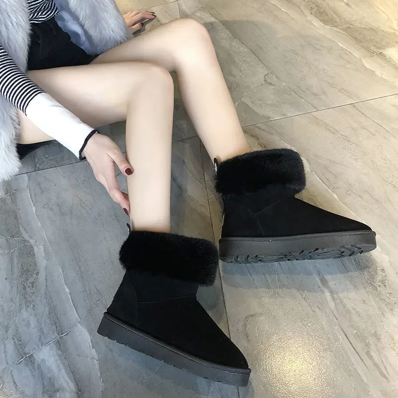 Shoes for Women Low Women's Snow Boots Leather and Fur Boot Winter 2023 Warm Shoe Furry Ankle Footwear Autumn Chunky Booties Hot