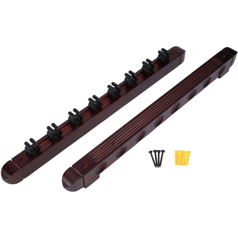 Upgrade Wall Mounted Hardwood Billiard Cue Rack 8 Clips Billiard Holder Bracket ,Red