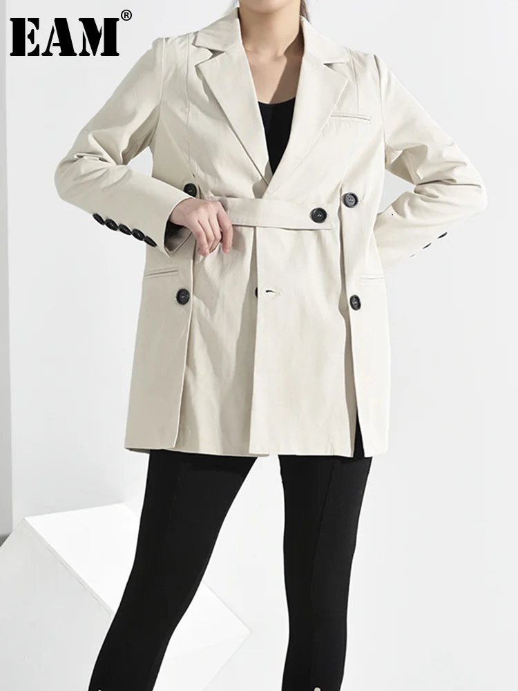 

[EAM] Loose Fit Button Split Temperament Jacket New Lapel Long Sleeve Women Coat Fashion Tide Spring Autumn 2022 JQ29000
