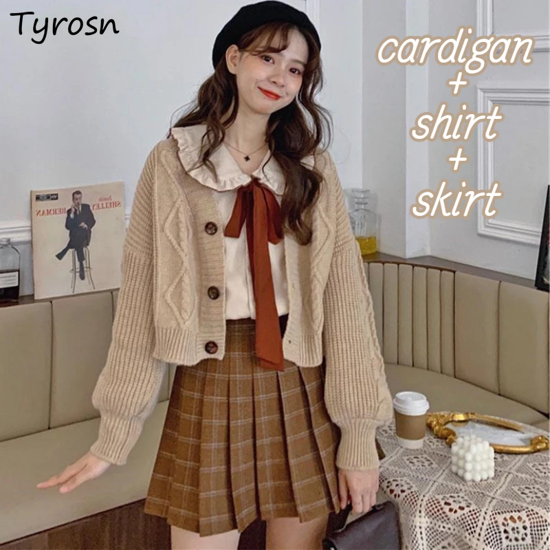 

Cardigan Sets Women Plaid Skirts Sweet Chic Shirts Design Korean Style Colleges Peter Pan Collar Lovely Autumn Casual Soft New