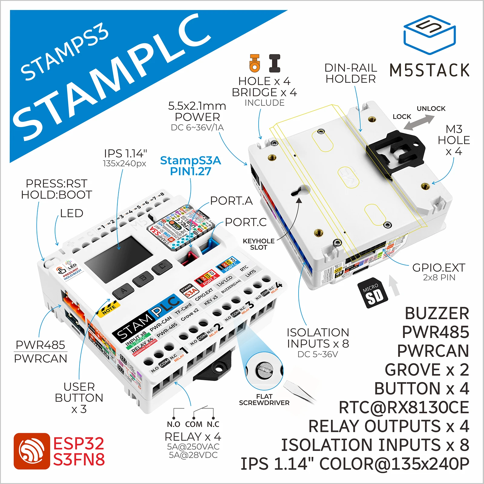 Контроллер M5stamp PLC ESP32-S3FN8 M5Stack с M5stampS3