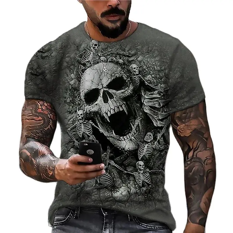 

Death Skull Print T Shirt For Men Terror Harajuku Oversized Short Sleeve Tops Summer Trend Leisure O-neck Tees Vintage Clothes