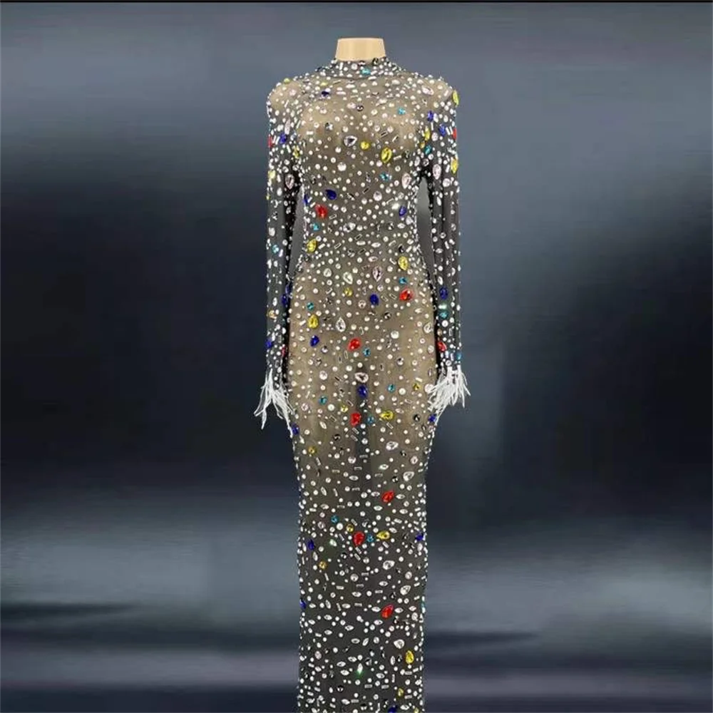 

Sexy Full Long Drag Queen Costume Prom Birthday Celebrate Dress Women Black Nude See Through Singer Stage Wear Dance Clothes