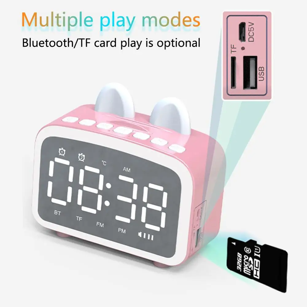

Cute Wireless Bluetooth-compatible Speaker Night Light Mirror Alarm Clock Radio Speaker Audio Music Player Child Table Clock