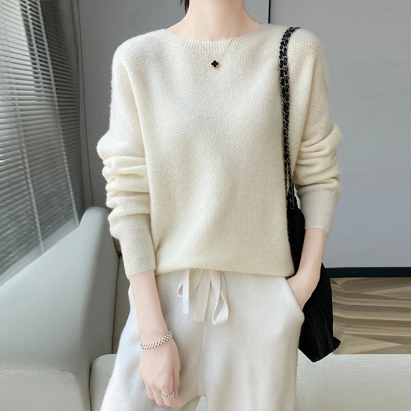 Новый осенне-зимний женский пуловер из 100% мериносовой шерсти с круглым вырезом и