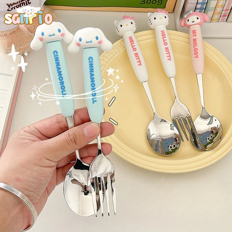 

Kawaii Sanrio Hello Kitty Cinnamoroll My Melody 304 Stainless Steel Fork and Spoon Set Children Student Portability Eating Spoon