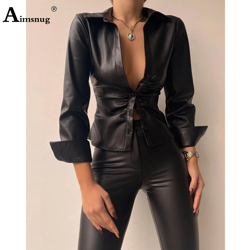Women Pu Leather Shirt blusas Long Sleeve Blouse 2022 Summer New Sexy Faux Leather Tops Ladies Elegant Fashion Shirts Clothing