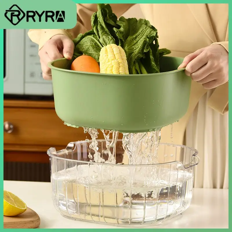 Pet Basket Double-layer Square Vegetable Washing Basin Binaural Handle Transparent Rice Washing Basket Kitchen Supplies Plastic
