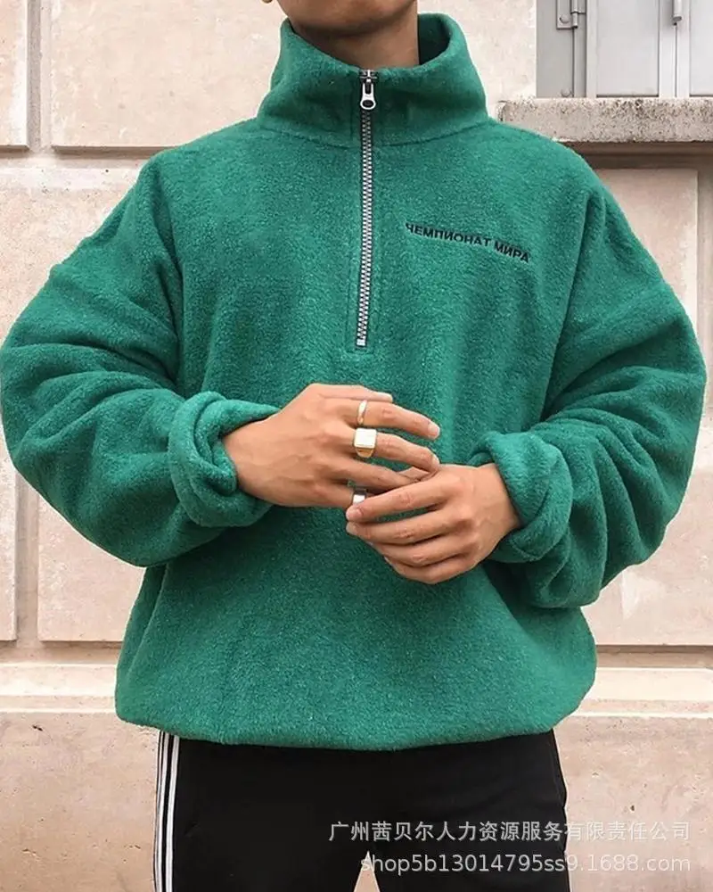 

Men Sweater Loose Fashion Solid Color Turtleneck Zipper Print Suede Raglan Sleeves Loose Fashion Long Sleeve Street Sweater
