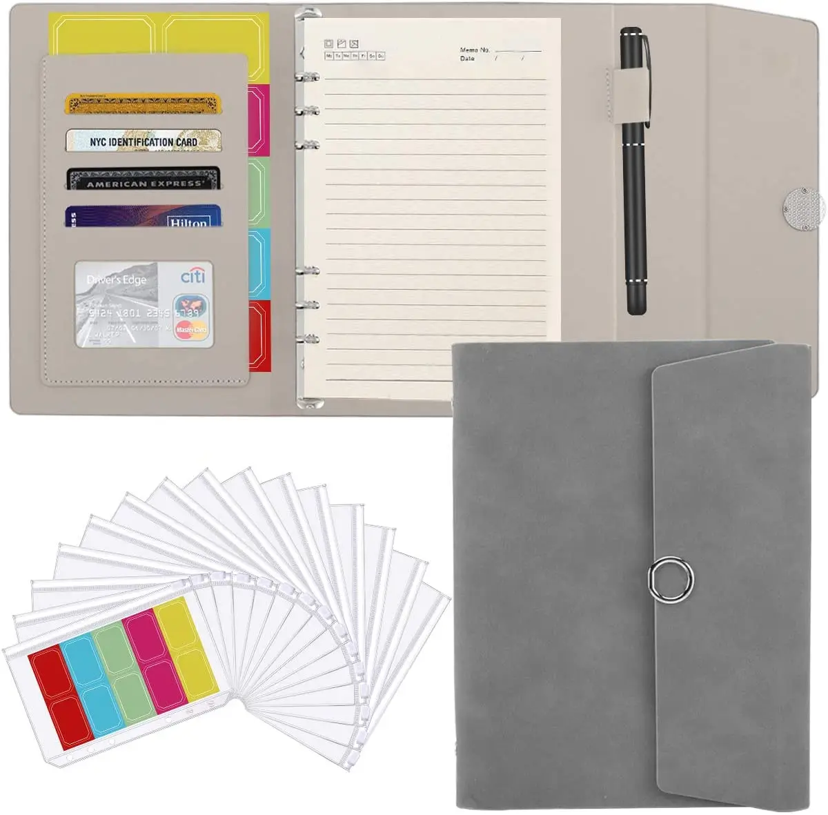 

A5 6 Ring Binder PU Leather Portfolio Case, Conference Folder Business Padfolio Card Holders with 15 PCS Envelope Pockets
