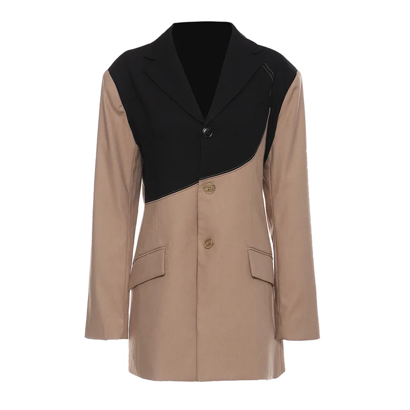 SuperAen 2023 Autumn and Winter Stitching Contrast Irregular OL Blazer Jacket Coat for Women