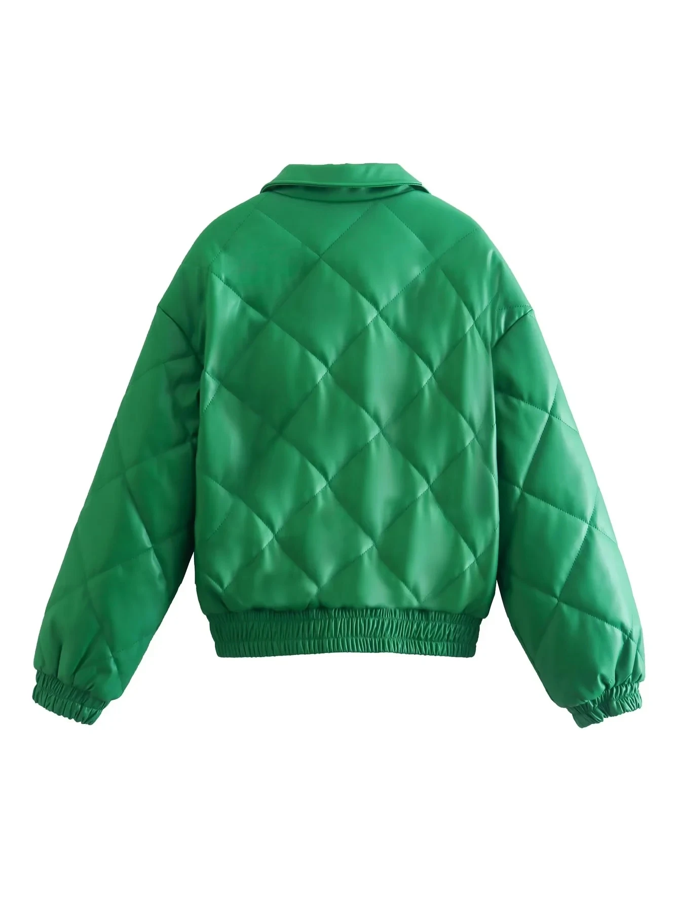 Autumn and Winter Women's Green PU Lapel Single-breasted Long-sleeved Cotton Jacket Warm Fashion Street Style