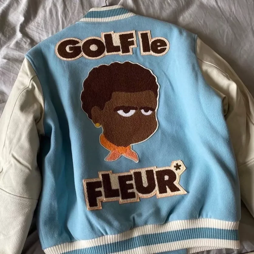 

NEW IN New luxury Men Blue golf Flower Le Fleur Tyler The Creator Pu Leather Varsity Coats & Jackets / Down Coats Cotton war