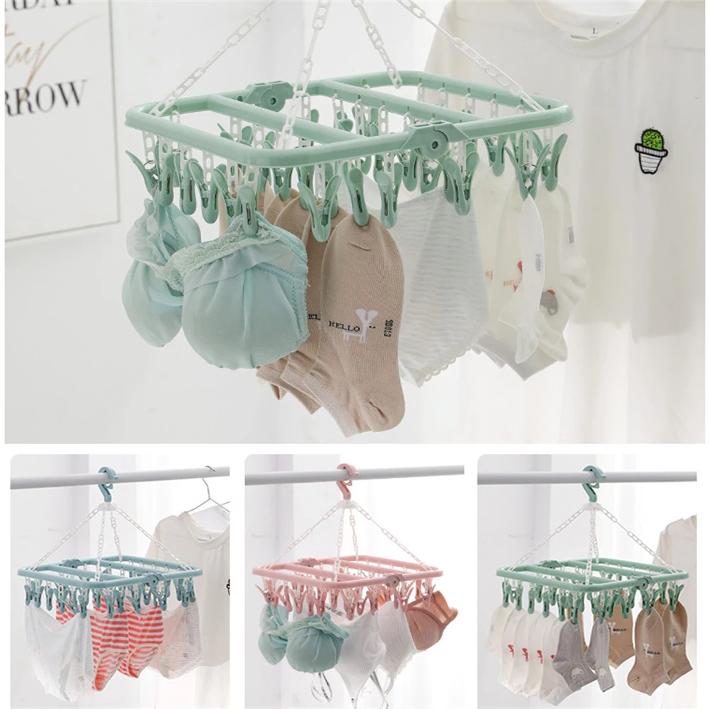 

Household Folding Clip Hanger With 32 Drying Clips Multifunctional Drying Rack Socks Underwear Laundry Storage Organization Rack