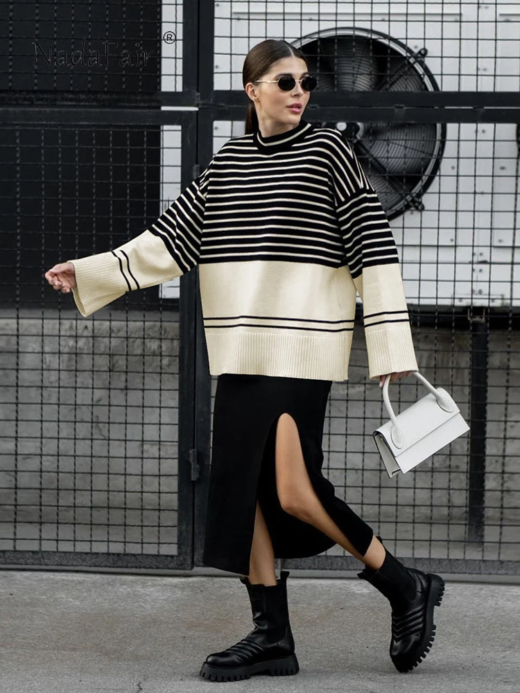 

Nadafair/свободные свитера в полоску с длинными рукавами и круглым вырезом; Повседневные пуловеры; Сезон осень-зима; Вязаный Топ; Новинка 2022 года; Y2K; Верхняя одежда