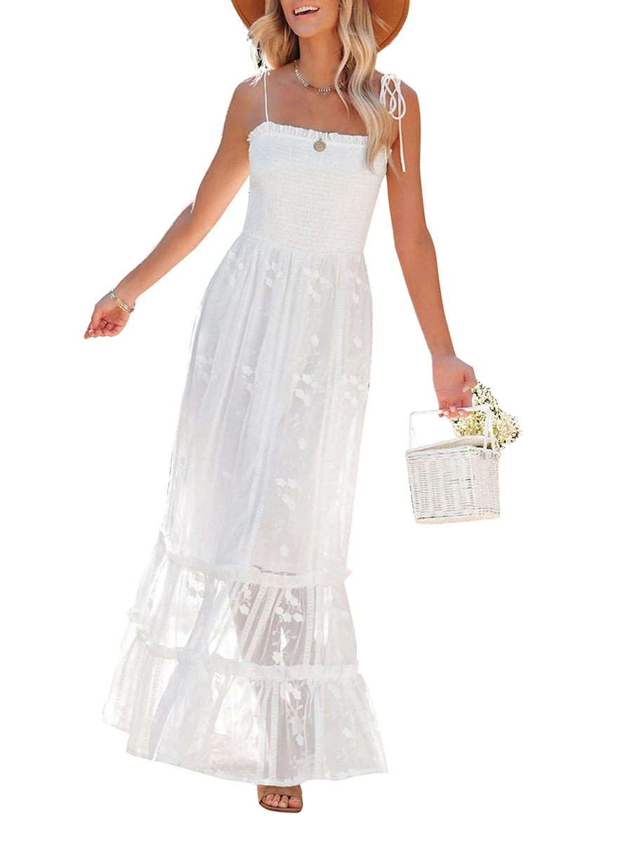 

BEAFNKSG Womens Lace Floral Dress Sleeveless Spaghetti Strap Boho Long Dress Mesh Sheer Beach Dresses Sundress