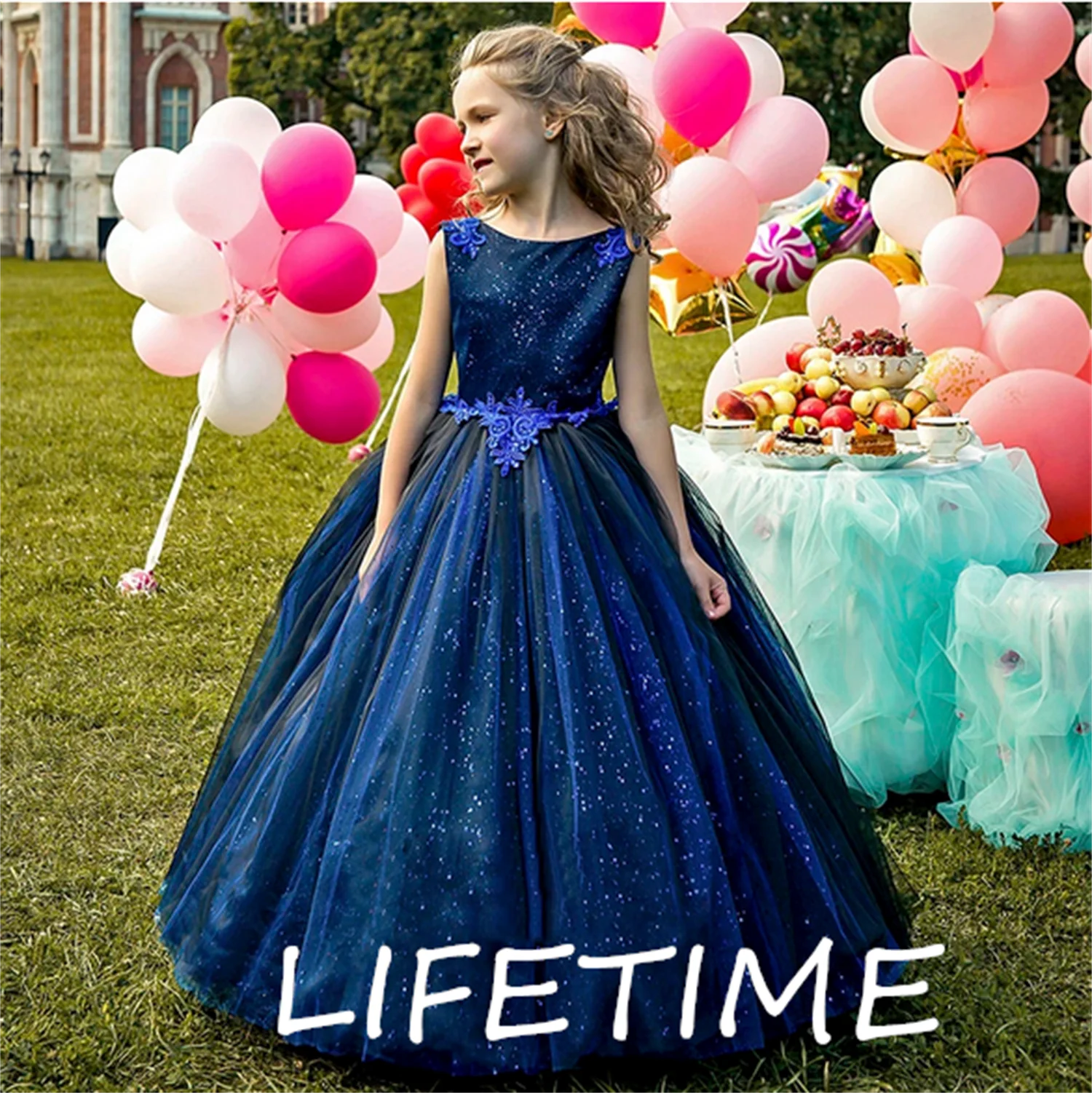 

Синие платья для девочек, блестящие вечерние платья для девочек, темно-тюлевые кружевные вечерние платья с круглым вырезом, платья для девочек
