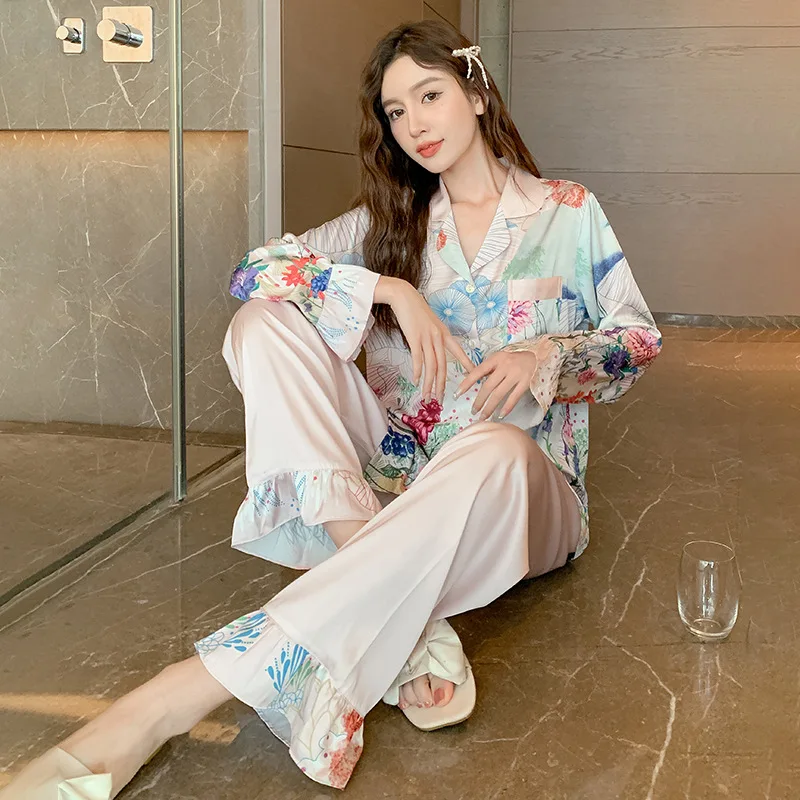Light Luxury Thin Ice Silk Women's Pajamas Sets High-end Simulation Silk Home Service Sleepwear Spring and Autumn Nightwear Suit