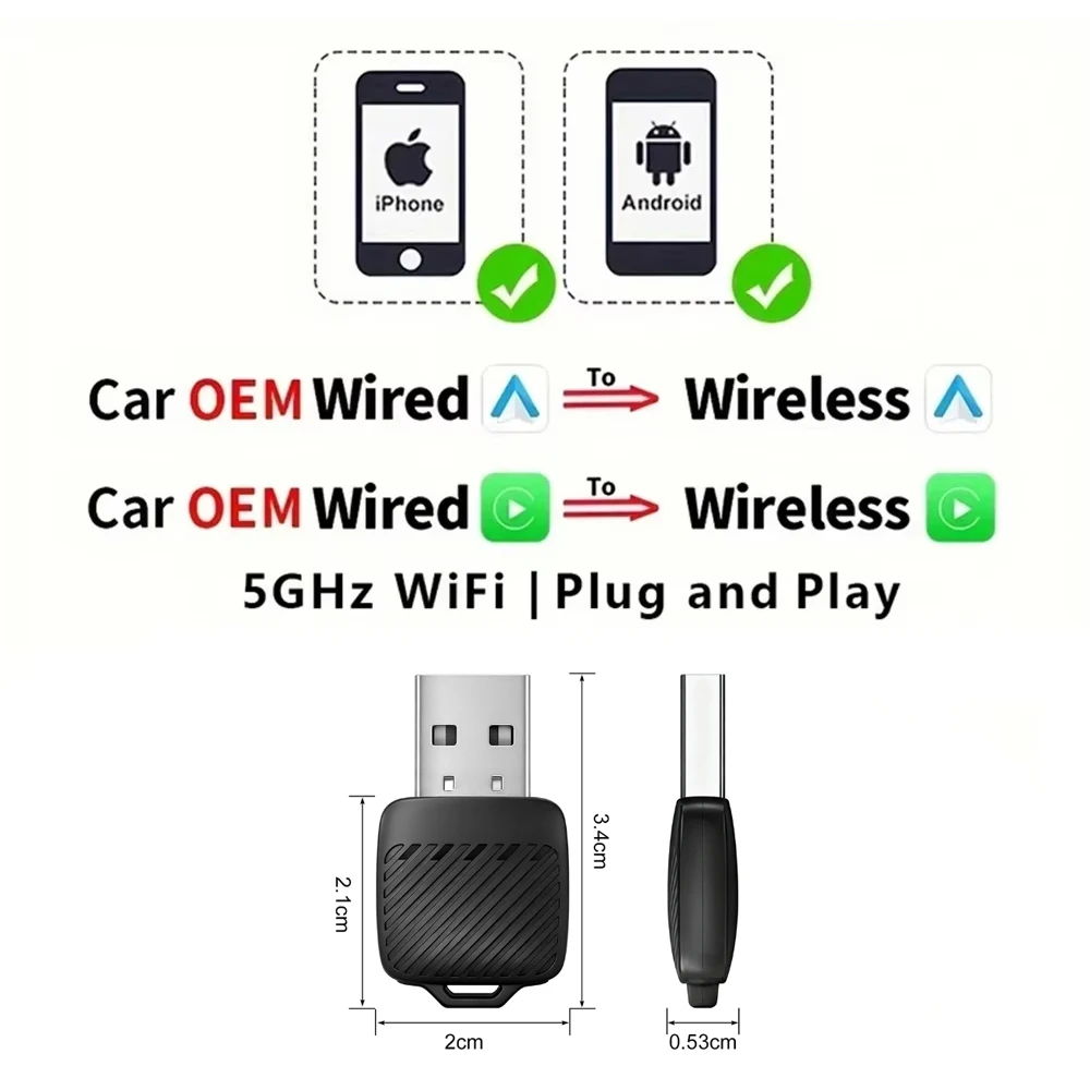

Беспроводной адаптер CarPlay 2026 и беспроводной адаптер Android Auto, Wi-Fi 5 ГГц USB Plug Play Wireless CarPlay