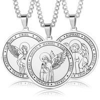 stainless steel seven angels pendant religious necklace mens titanium steel round angel wing medal jewelry gift