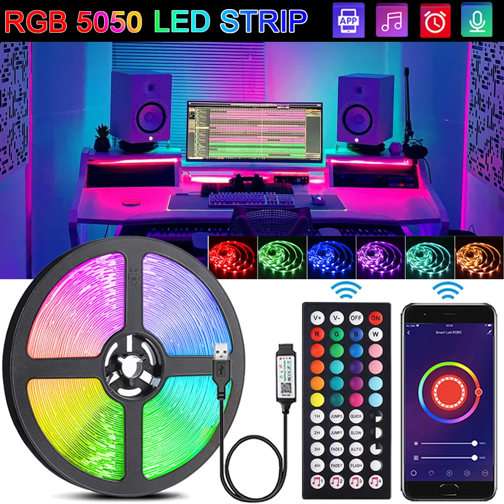 

RGB 5050 Led Strip Lights Music Sync Led Tape Bluetooth Control Flexible Ribbon RGB Lights for Room Game Decor TV Backlight