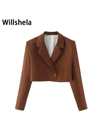 Укороченный пиджак Willshela Женский, модный однотонный пиджак на одной пуговице, винтажный офисный наряд с длинным рукавом и английским воротн...