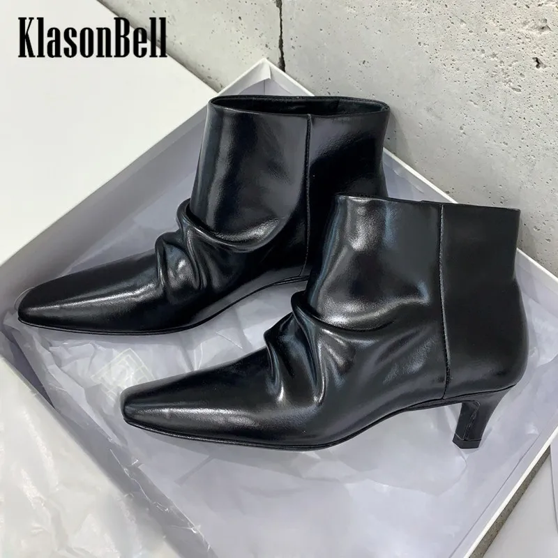 

10.9 KlasonBell Black Genuine Leather Pleated Short Shoes Women Kitten Heel Square Toe Slip-On Boots