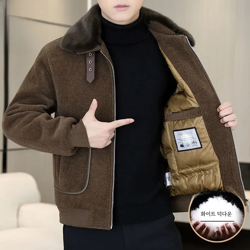 Зимняя молодежная шерстяная куртка на белом утином пуху со съемным меховым