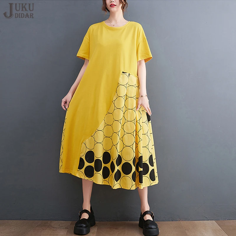 

Женское платье с принтом в горошек, желтое длинное свободное платье с коротким рукавом, большие размеры, модель JJXD010 в японском стиле на лето