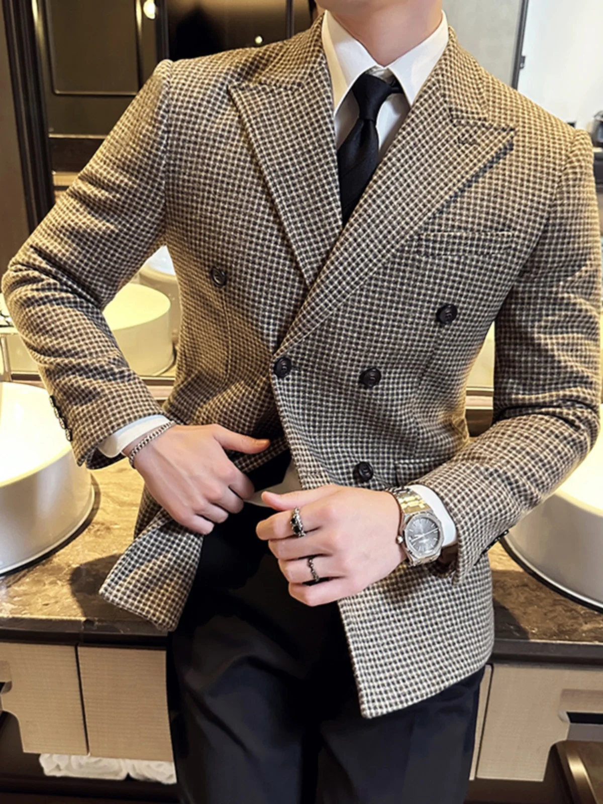 Двубортный повседневный костюм с узором гусиные лапки мужская куртка