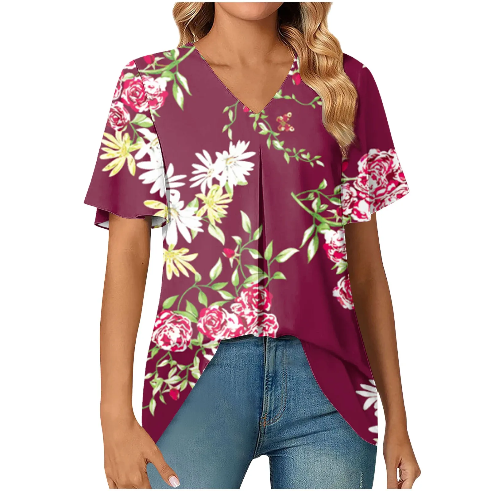 

Women'S Fashion Printed Casual Short Sleeve Chiffon Shirt V Neck Loose T-Shirt Tops Top Women Fashion Woman Blouse 2023 T Shirt