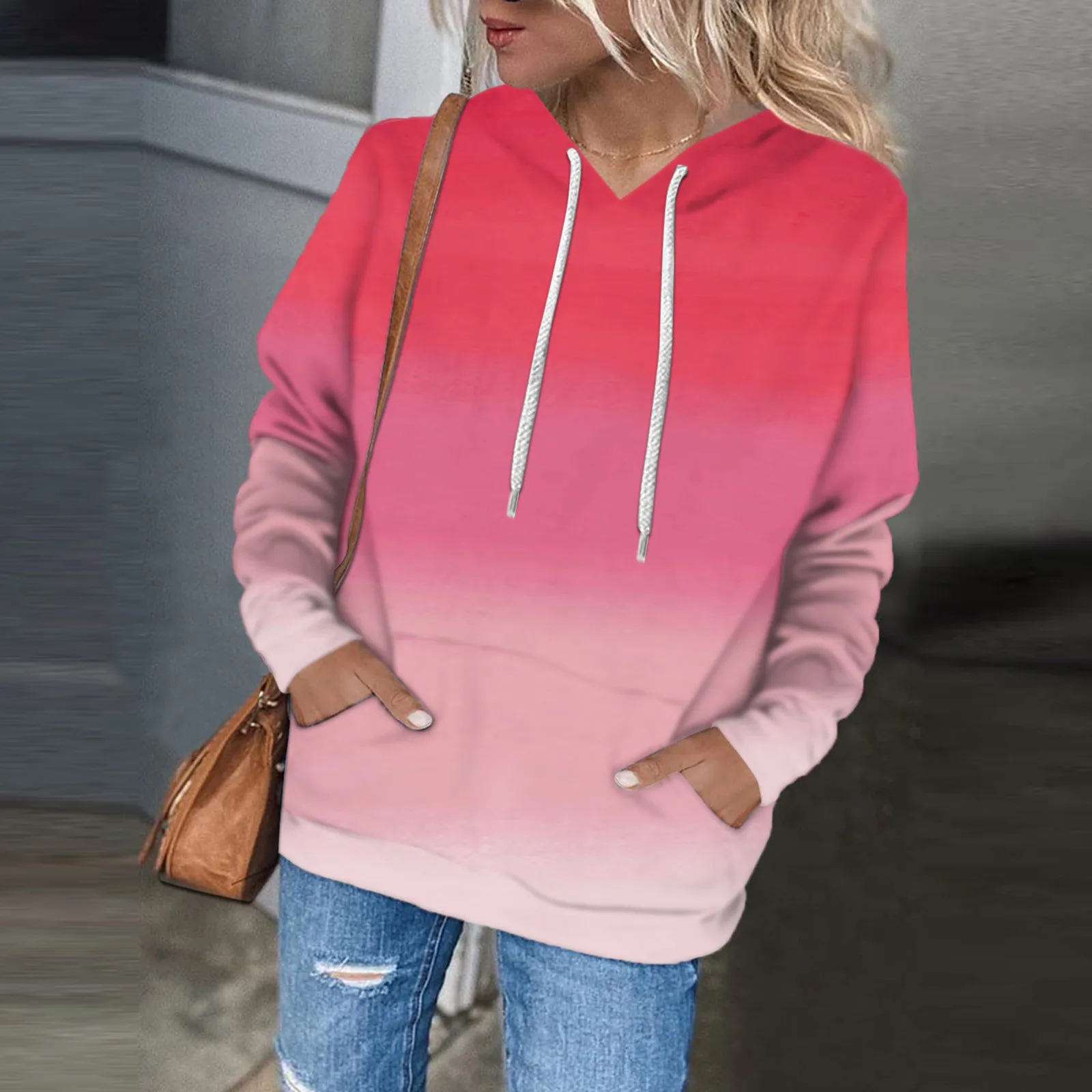 

Oversized Sweatshirt Women Ladies Casual Fall Winter Pocket Gradient Print Long Sleeve Hoodie Oversized Sweatshirts Women