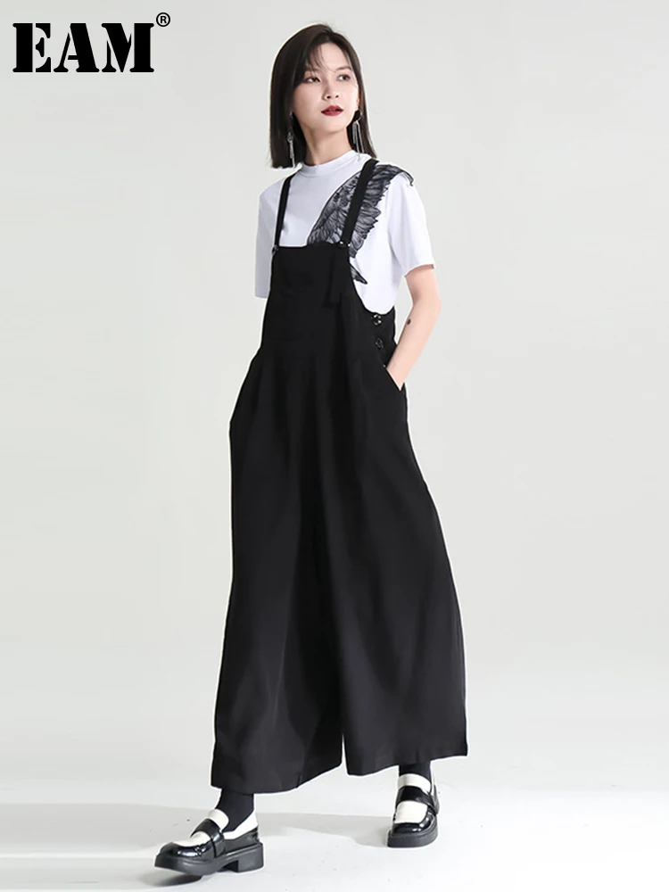 

[EAM] High Waist Black Brief Long Wide Leg Overalls Trousers New Loose Fit Pants Women Fashion Tide Spring Autumn 2022 1DE8292