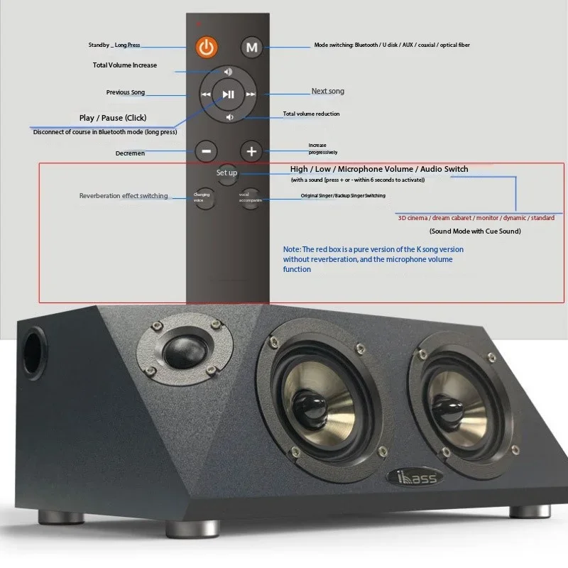 IBASS Wooden Subwoofer HIFI Bluetooth Speaker Channel 2.0 Sound Box Home Theater Computer Desktop System with Remote Control