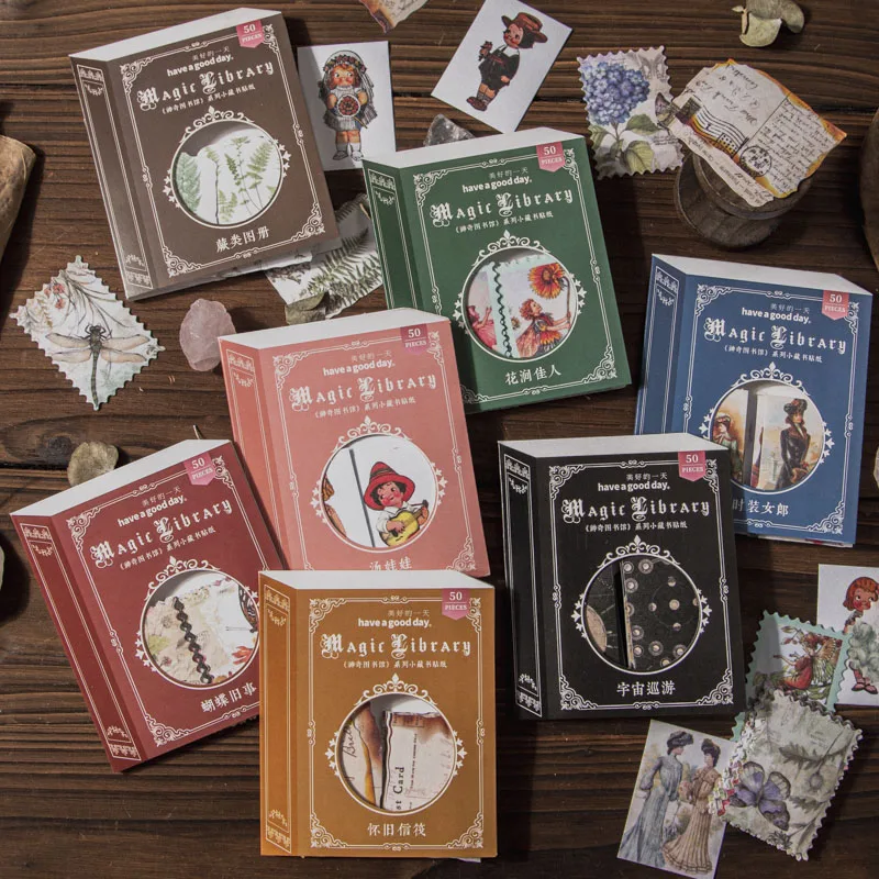 

50Sheets Collection Books Stickers Doll Magical library Handbook Material Decorative Collage Backing handmade Butterfly 13*9CM