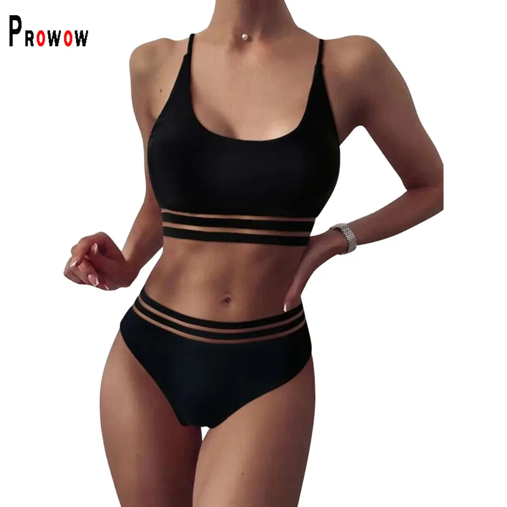 

Prowow Two Piece Separate Bikinis Set 2022 New Summer Women Bathing Swimwears Solid Color High Waisted Lady Beach Outfits Suits