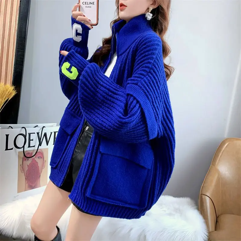 

2023 Ladies Button Stand Collar Pullover Sweater Women's Fall Winter Outer Solid Color Cardigan Long-sleeved Knitted Tops T186