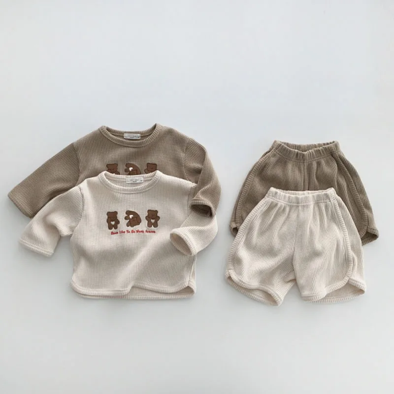 

2022 Summer New Baby Bear Clothes Set Boy Girls Long Sleeve Waffle T Shirt + Shorts 2pcs Casual Outfits Cotton Children Suit