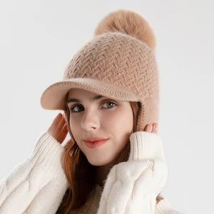 Women Winter Knitted Hats Stripe Beanies Protect The Ears Hat Warm Thick Earflap With Brim Outdoor Pompon Ski Caps