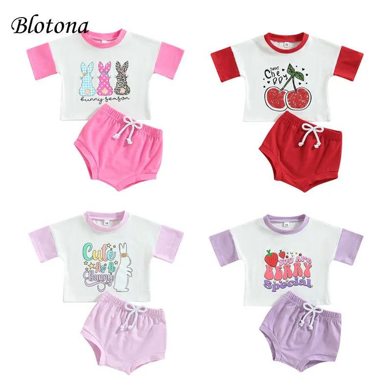 

Blotona 2PCS Baby Girl Easter Shorts Outfits, Short Sleeve Fruit Letter/Bunny Graphic T-Shirt + Short Pants Set 0-24Months