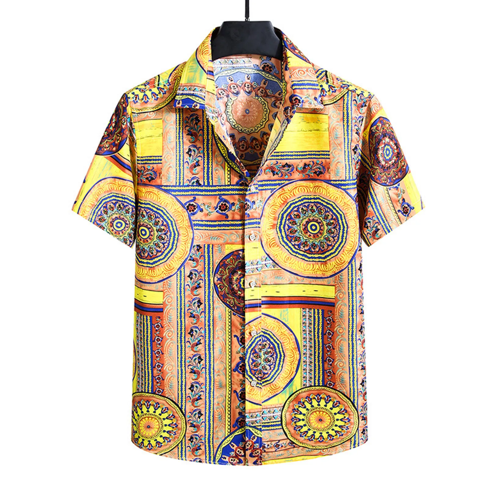 

2022 Mens Vintage Ethnic Printed Turn Down Collar Short Sleeve Loose Casual Shirts Slim Fit Male Shirt Men Blouse Camisas Hombre