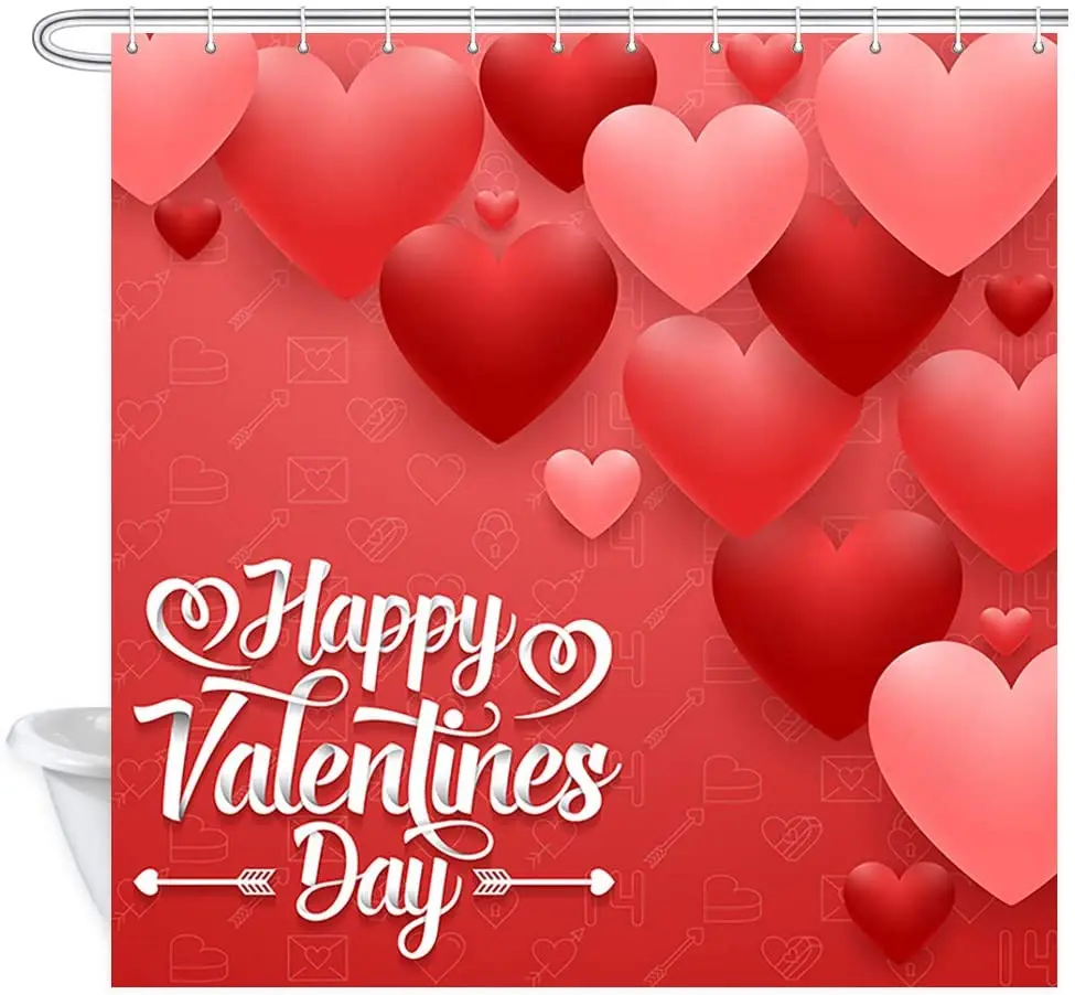 

Happy Valentines Day Shower Curtain Greeting Card with Hearts on Red Background Polyester Fabric Bath Curtains Set with Hooks