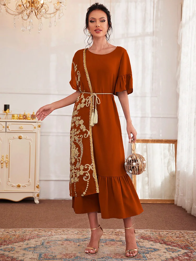

TOLEEN Women Casual Elegant Maxi Long Dress 2022 Summer Luxury Embroidery Belt Arabic Turkish African Evening Party Robe Vestido